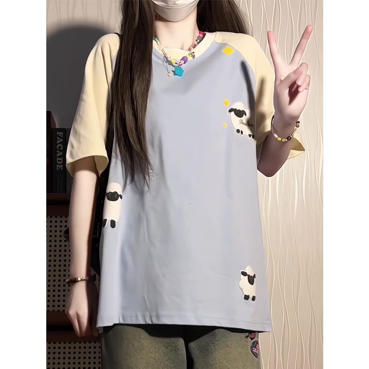 純棉 韓國chic夏季新款韓版寬鬆顯瘦發泡印花短袖t恤女百搭上衣潮