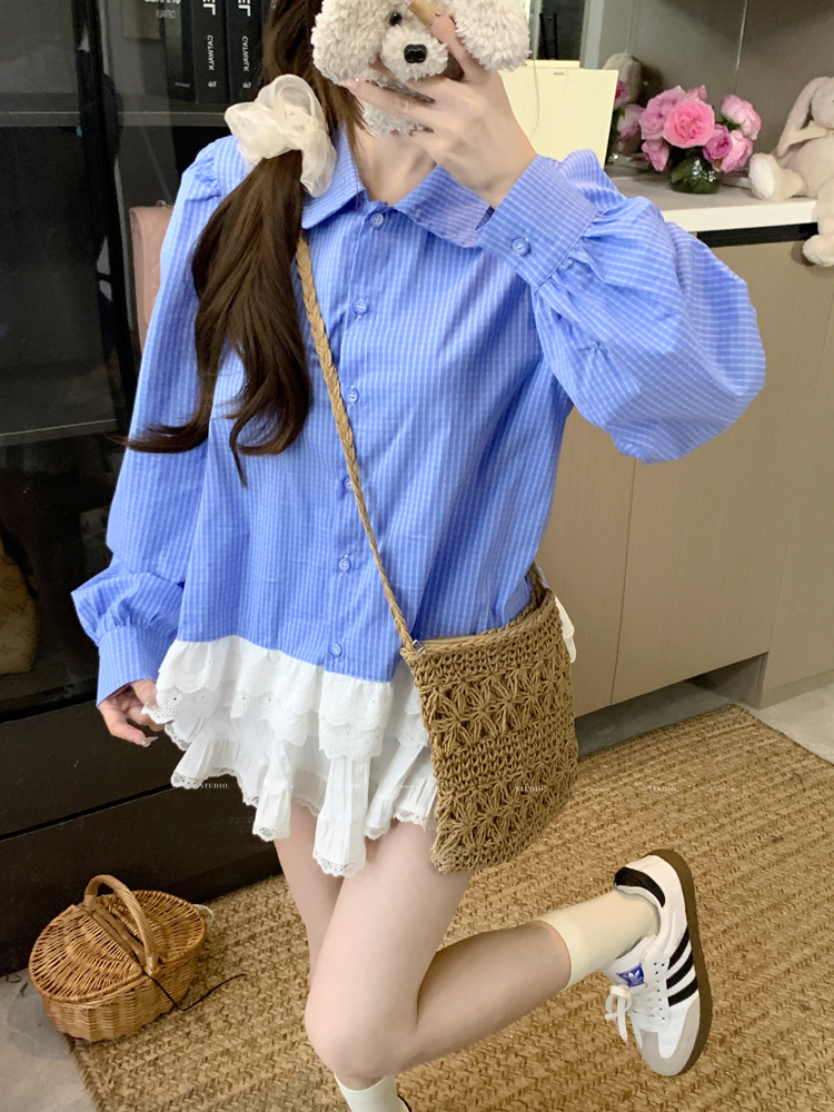 Real shot Simple blue plaid shirt design lace versatile top