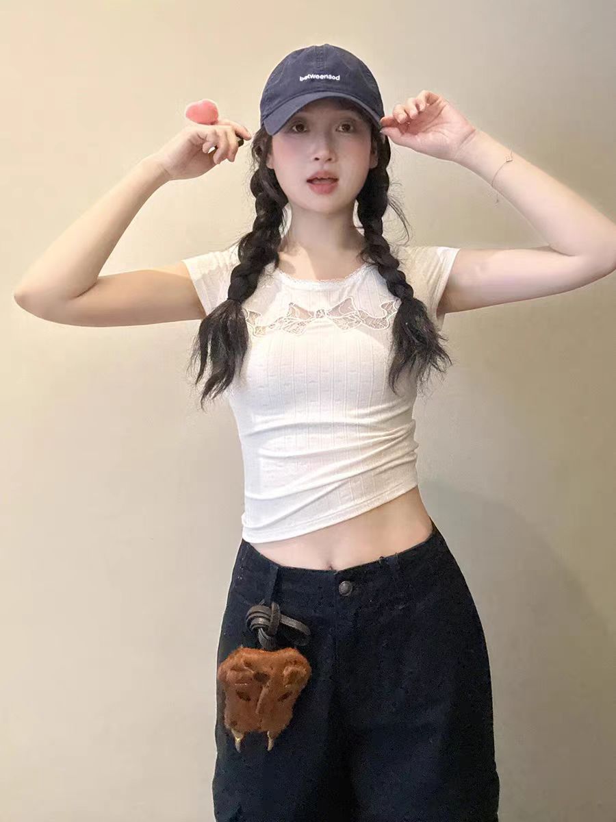 韓國chic夏季新款茶系甜美蝴蝶結短袖t恤女純欲性感蕾絲花邊上衣