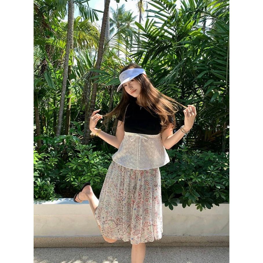 純棉 韓國chic拼接蕾絲短袖正肩T恤女裝夏季設計感小眾短款上衣潮