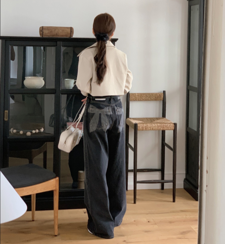 白色絲帶黑色洗寬牛仔布褲