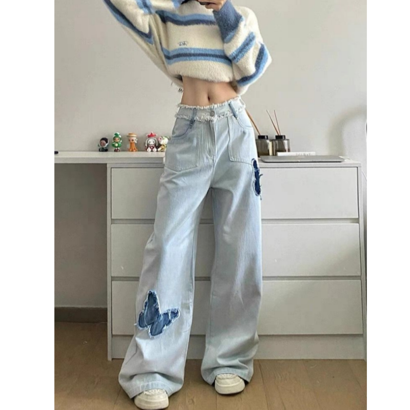 2025 summer butterfly embroidered straight jeans washed design with high waist and versatile wide-leg trousers