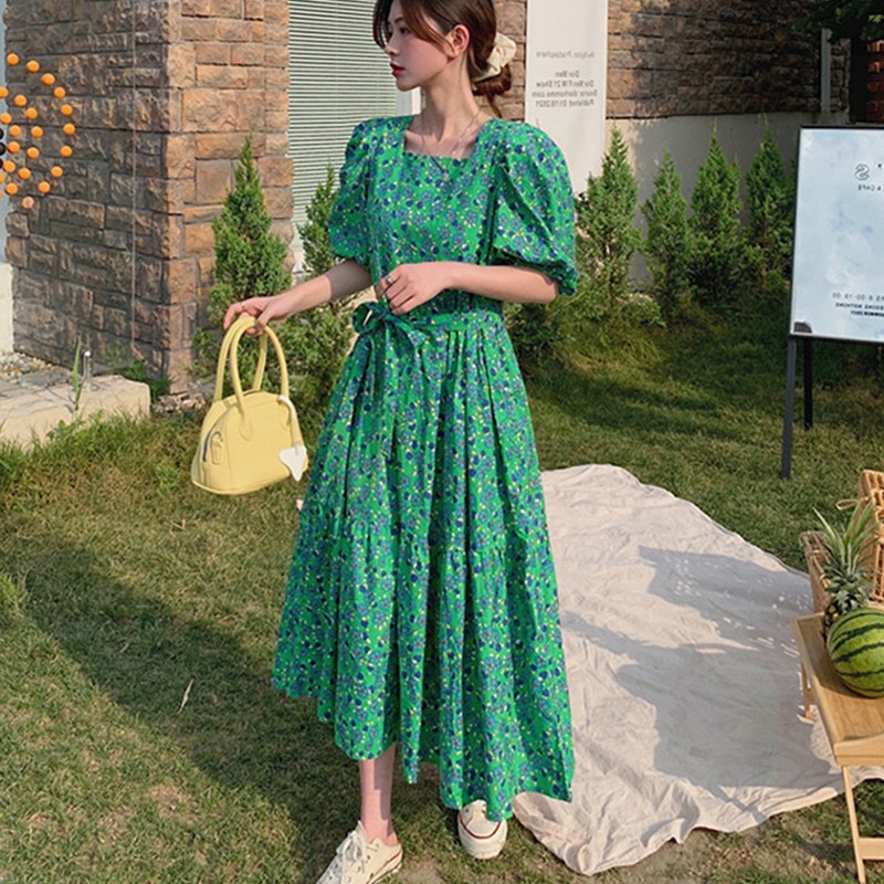 New Korean style retro square collar cute puff sleeves loose waist dress with ruffle hem