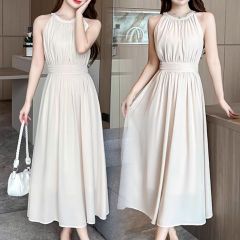 2025 New Apricot Color Chiffon Dress Spring and Summer Gentle and Elegant Commuting Waist Cinching A-Line Dress Sleeveless Strappy Dress