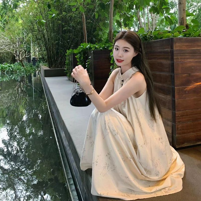 Women's summer 2025 new high-end, loose and slim new Chinese style off-shoulder sleeveless long skirt