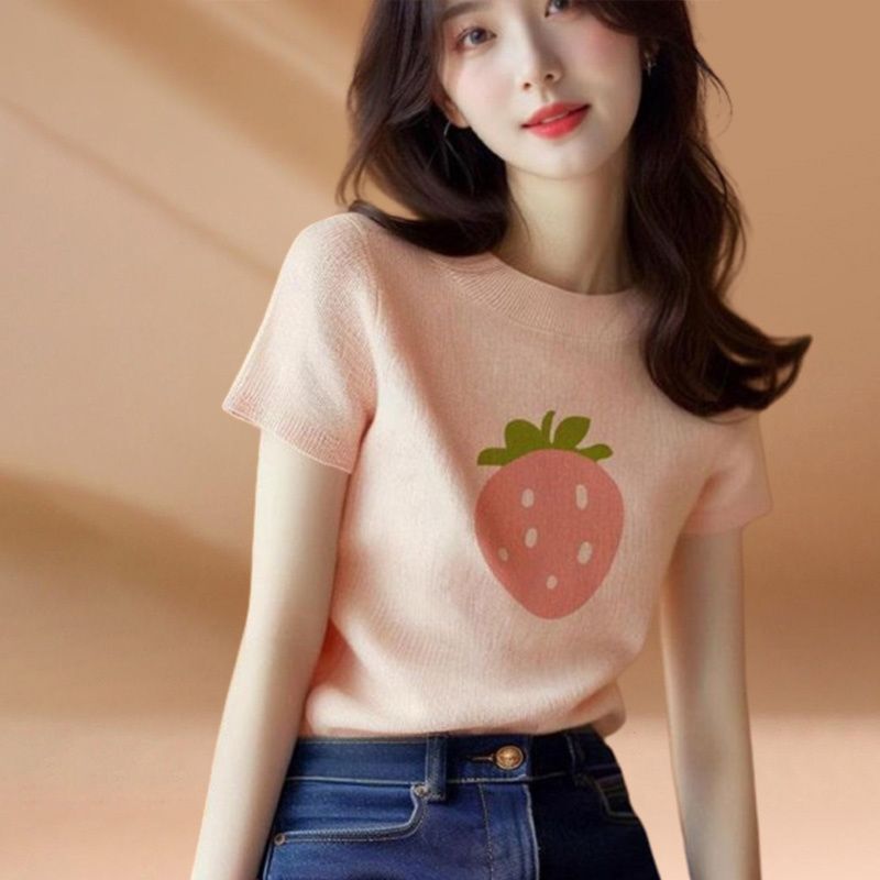 小個子精緻絕美小上衣2025夏季新款圓領短袖草莓印花毛衣修身顯瘦