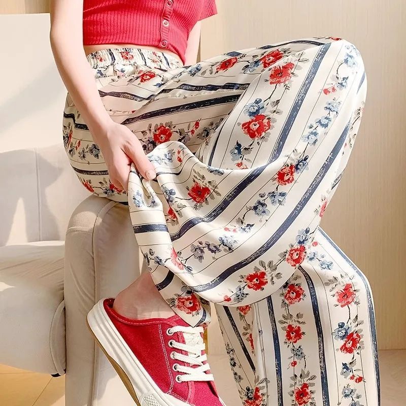 Retro rose printed wide-leg pants for women in summer thin ice silk drooping cool sunscreen pants high waist casual floor pants