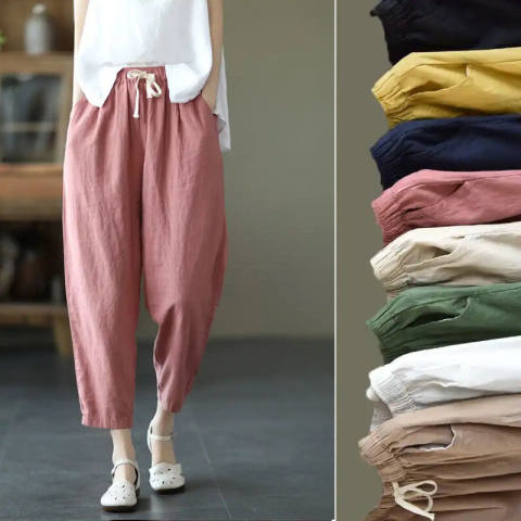Literary solid color cotton and linen pants elastic waist slimming casual nine-point pants versatile small feet harem pants