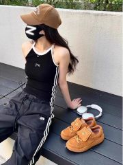 純棉韓國chic美式復古黑色辣妹吊帶背心女修身刺繡蝴蝶結絕美上衣