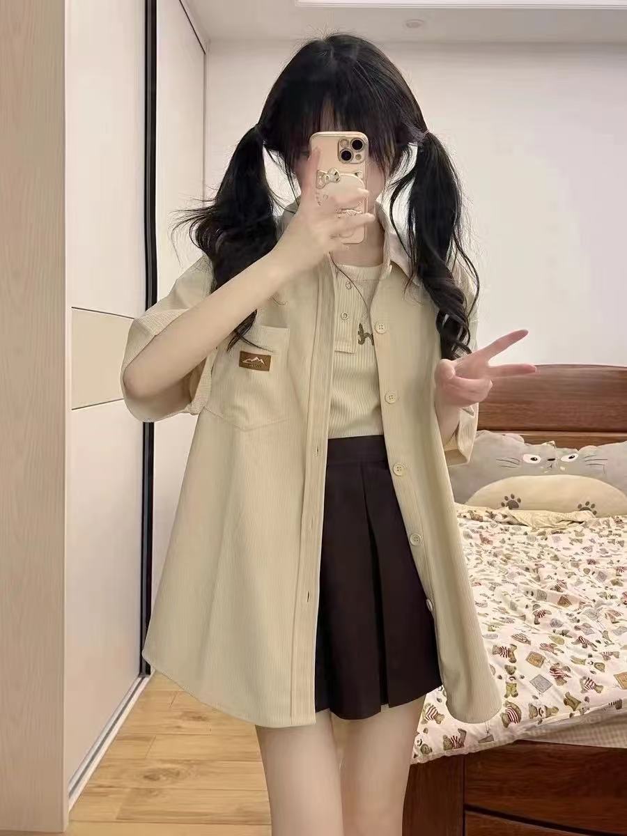 Korean summer new Hong Kong style retro shirt short-sleeved shirt for women loose neutral casual versatile cardigan top trendy