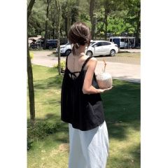 泰式黑色蝴蝶結綁帶吊帶襯衫女款夏季露背外穿度假風無袖背心上衣