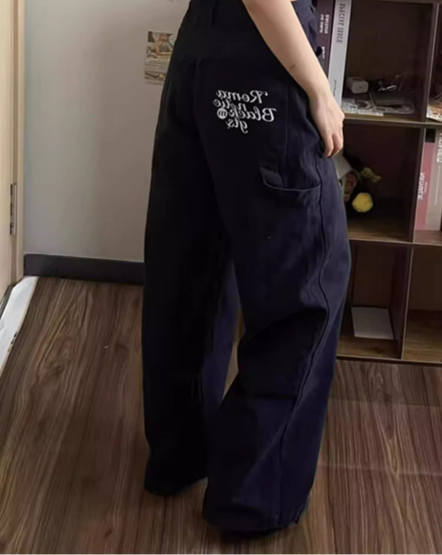美式復古字母刺繡闊腿工裝褲女春季潮牌cleanfit寬鬆直筒休閒褲潮