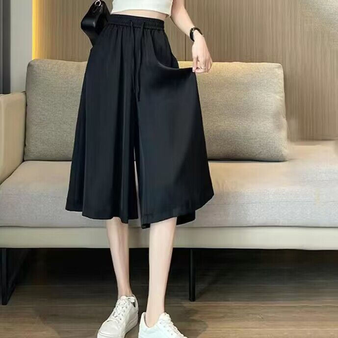 Ice silk wide-leg pants for women in summer 2025 new thin high waist drooping slimming loose casual knee-length skirt pants