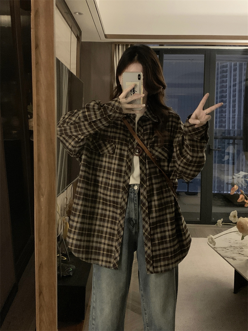 Spring and summer Korean style thin cardigan shirt jacket outer top French plaid mid-length long sleeve shirt for women