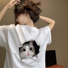 White short-sleeved T-shirt for women in summer design niche cat couple top