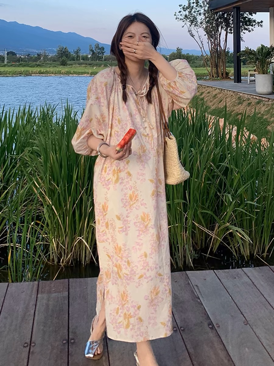 Korean 2025 summer new style draped seaside vacation style unique super beautiful floral dress for women
