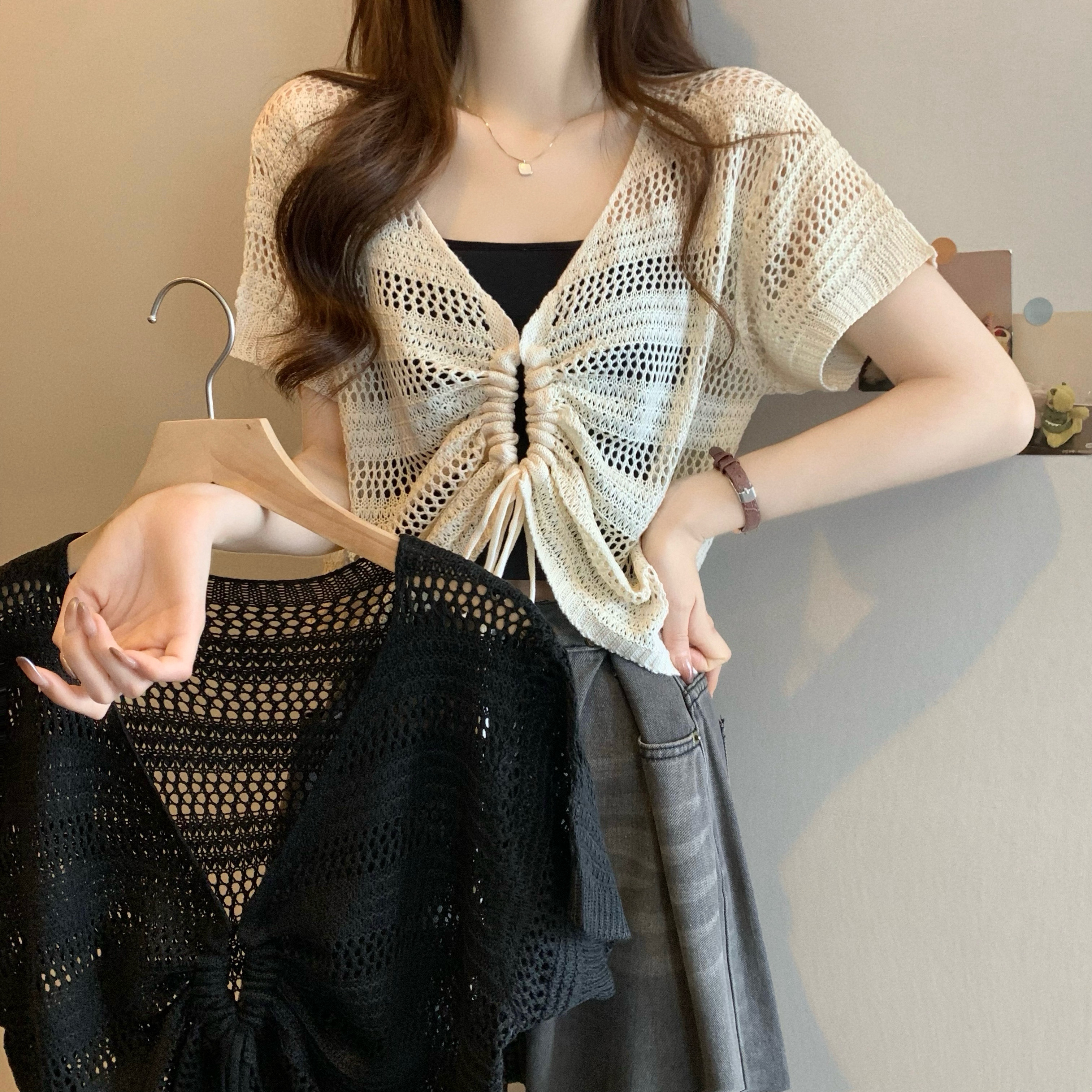 Real shot, new Korean style design, hollow drawstring short-sleeved knitted sweater