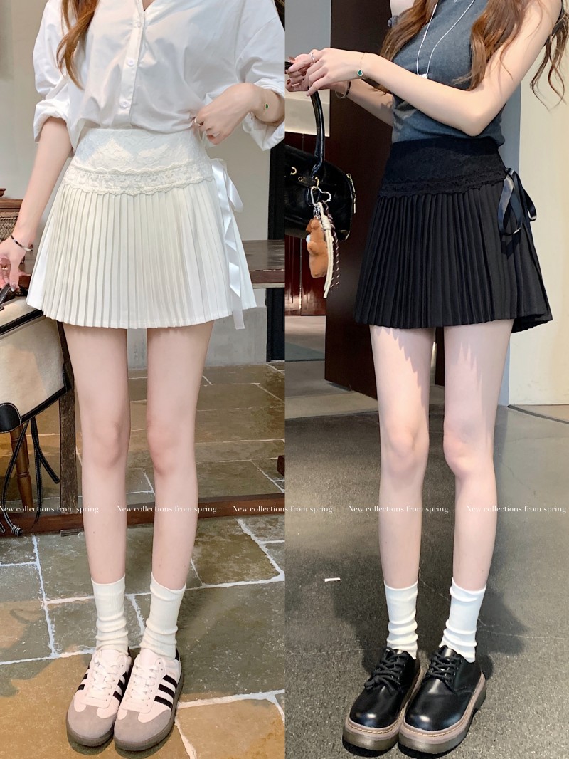 Real shot!  !  Lace spliced ​​skirt spicy pleated skirt white high waist a-line skirt