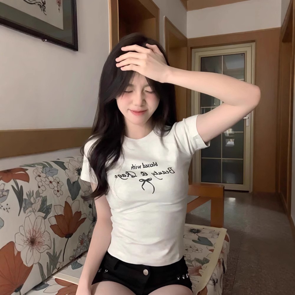 純棉 韓國chic夏季新款韓版修身顯瘦字母印花短袖t恤女百搭上衣潮