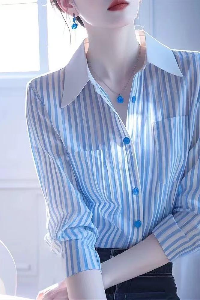 韓系超好看獨特漂亮藍白條紋Polo領襯衫女2025年新款女輕奢高級感