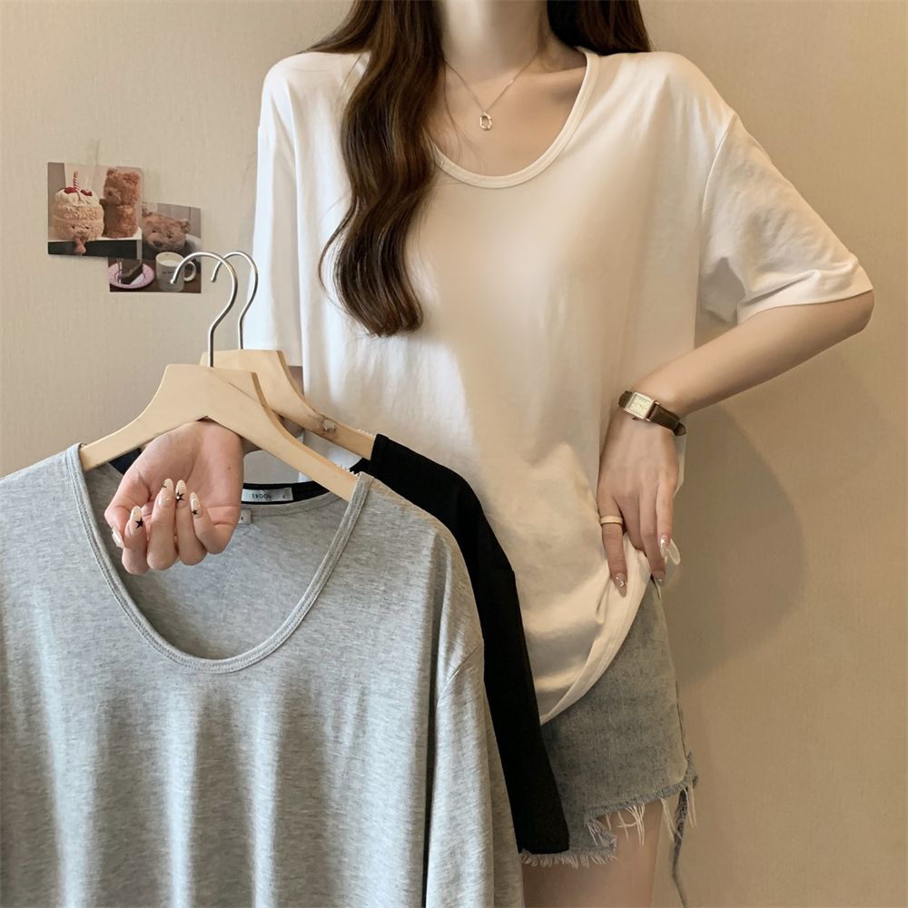 Real shot 26 pure cotton 170g100% cotton U-neck loose short-sleeved T-shirt for women