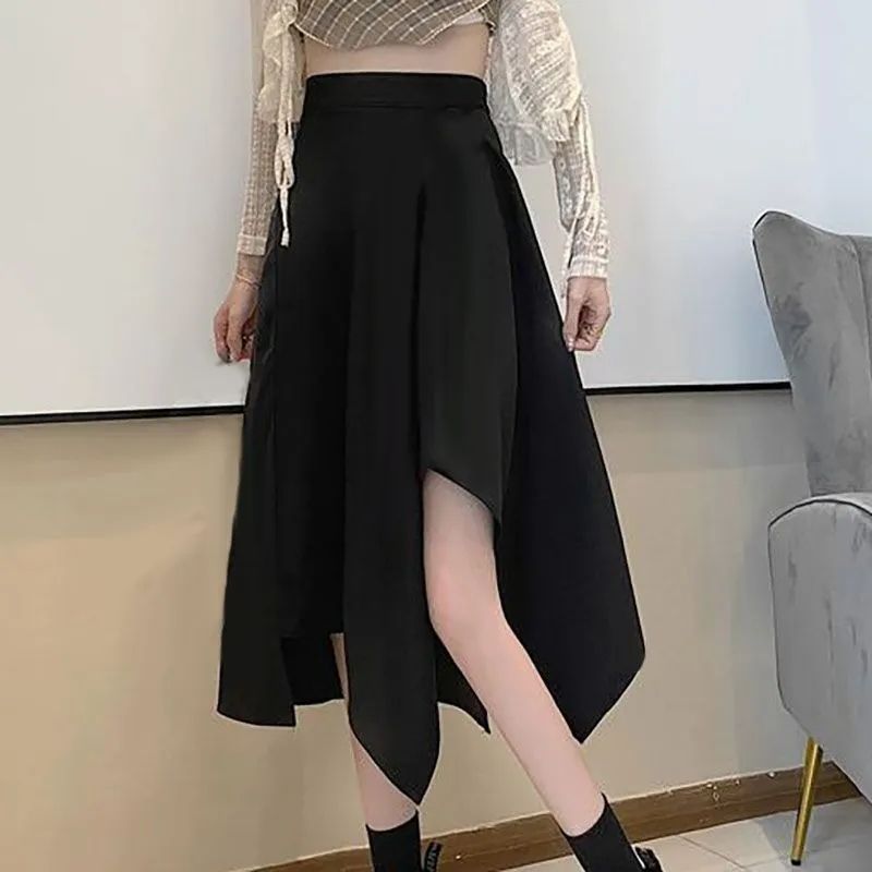 春夏不規則半身裙大碼遮肚遮腿夏高腰黑中長裙胖mm辣妹顯瘦a字裙