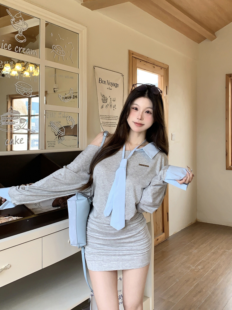 Real shot, simple and versatile, pure and slanted shoulders, loose and fake two-piece knitted dress