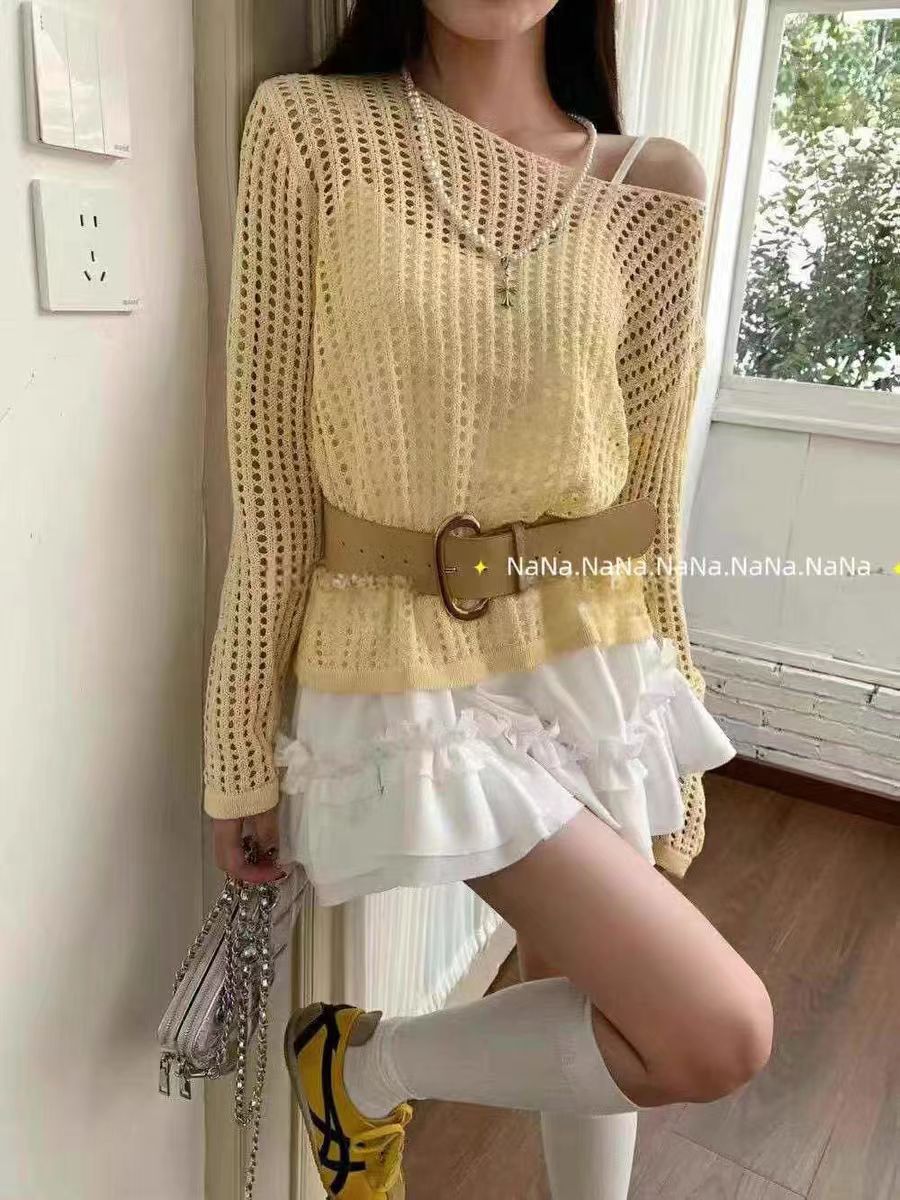 Korean Version New Holes Mesh Knit Sun Shirt Women Summer Lazy Cover Shirt Long Sleeve Belted Top Mint Mambo Style