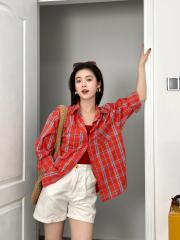全棉條紋格子襯衫外套女新款長袖防曬襯衣日系慵懶風休閒百搭上衣