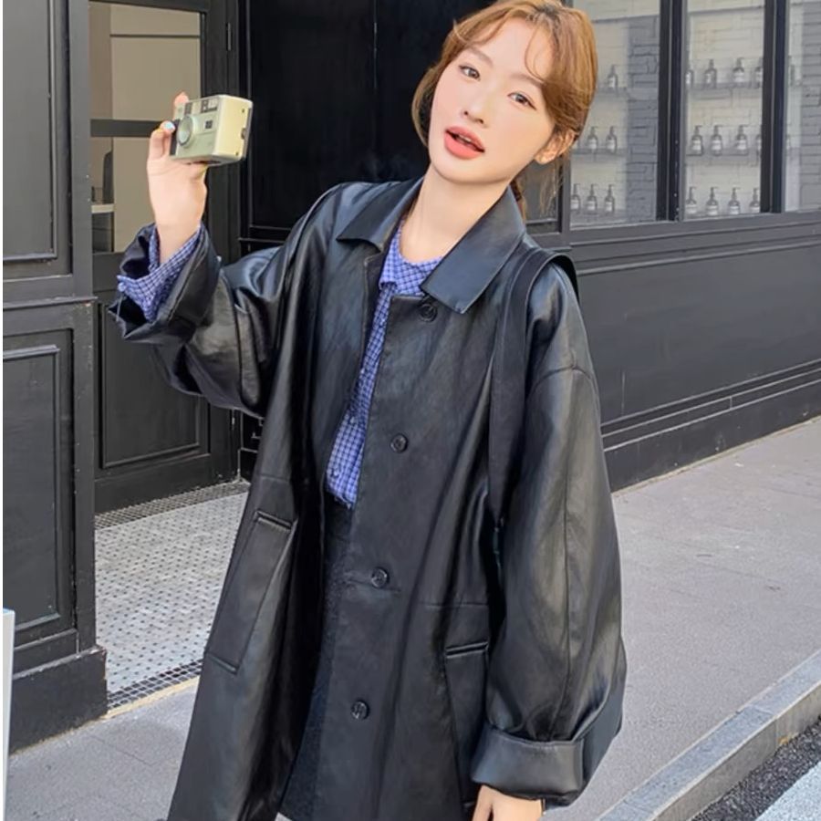 Black American style sweet and cool street leather jacket for women mid-length 2025 spring new versatile PU leather jacket