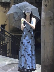 Korean summer new retro new Chinese butterfly blue dress fashionable over-the-knee suspender long skirt young and simple