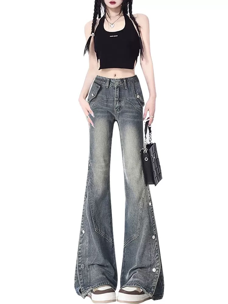 Korean American retro breasted slit slightly flared jeans for women with high street design high waist slim floor pants