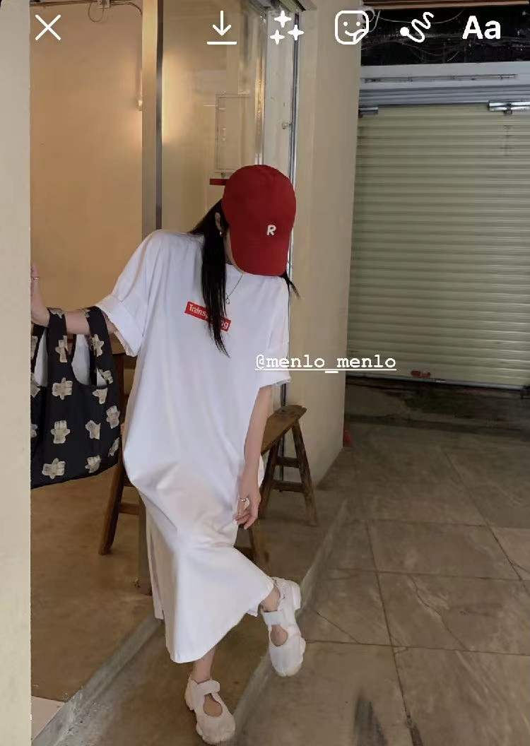 2025 summer new Korean fashion T-shirt women's printed slit dress loose large size women's clothing