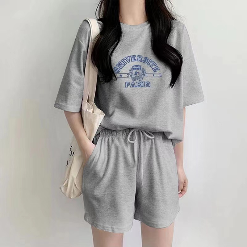Hong Kong style casual sports suit for women in summer fashionable age-reducing loose letters short sleeves running two-piece set thin