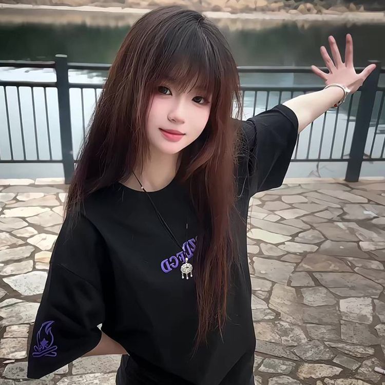 韓國chic字母刺繡短袖T恤女夏季新款寬鬆顯瘦圓領包邊拉肩上衣潮