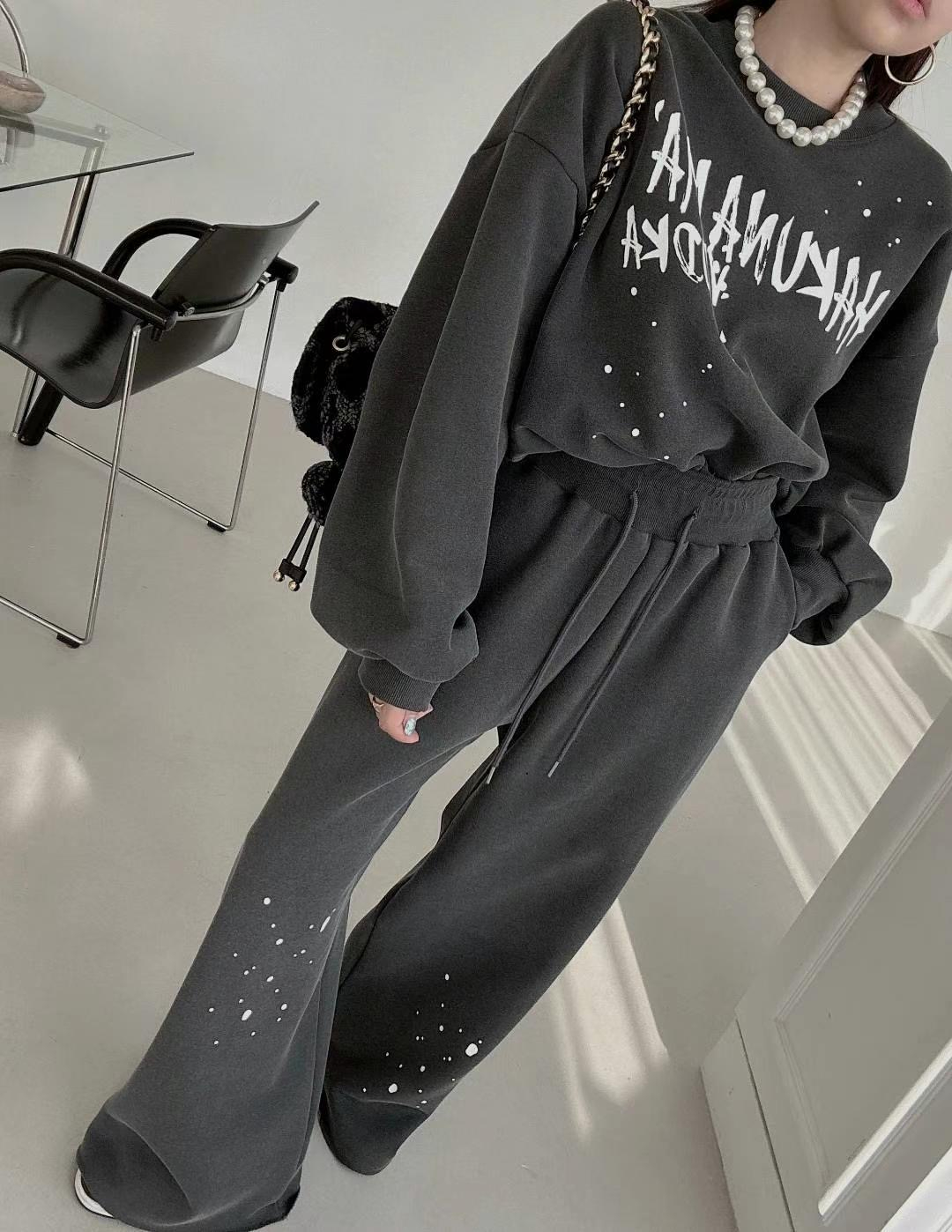 Korean chic winter retro temperament round neck letter printed sweatshirt + high-waisted slim versatile drawstring casual pants