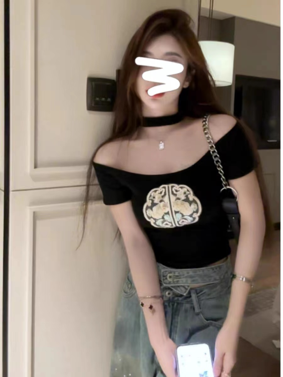 新中式掛脖短袖t恤女2025新款夏季國風小衫設計感風情萬種的上衣