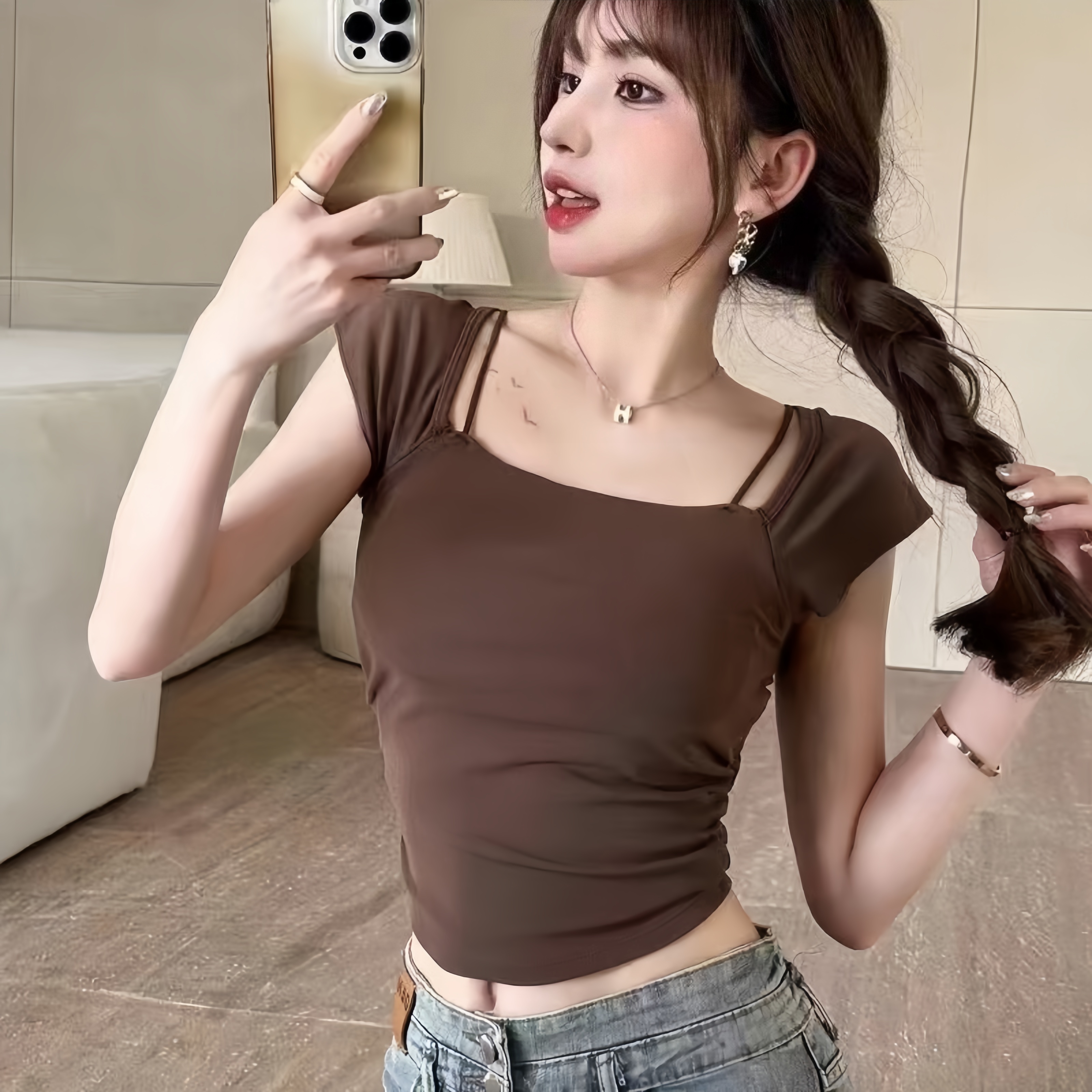 Korean style slim temperament square collar pleated design integrated bra with chest pad short-sleeved women's top base
