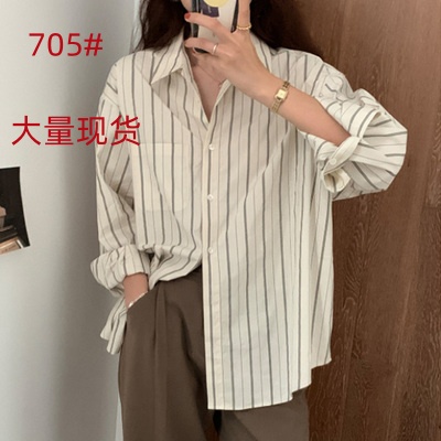 豎條紋襯衣女長袖春秋新款時尚寬鬆流行港風襯衫女疊穿上衣潮