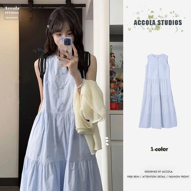 2025 summer new Korean blue sleeveless dress for women French round neck waist slimming vacation midi skirt