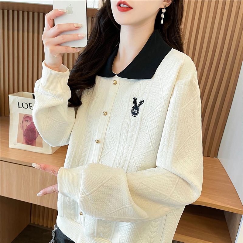 Real shot of Korean loose spring and autumn style embroidered splicing jacquard sweatshirt for women