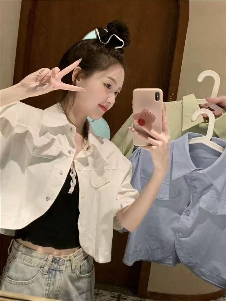 Korean design puff sleeve short polo collar shirt small jacket for women summer loose unique top