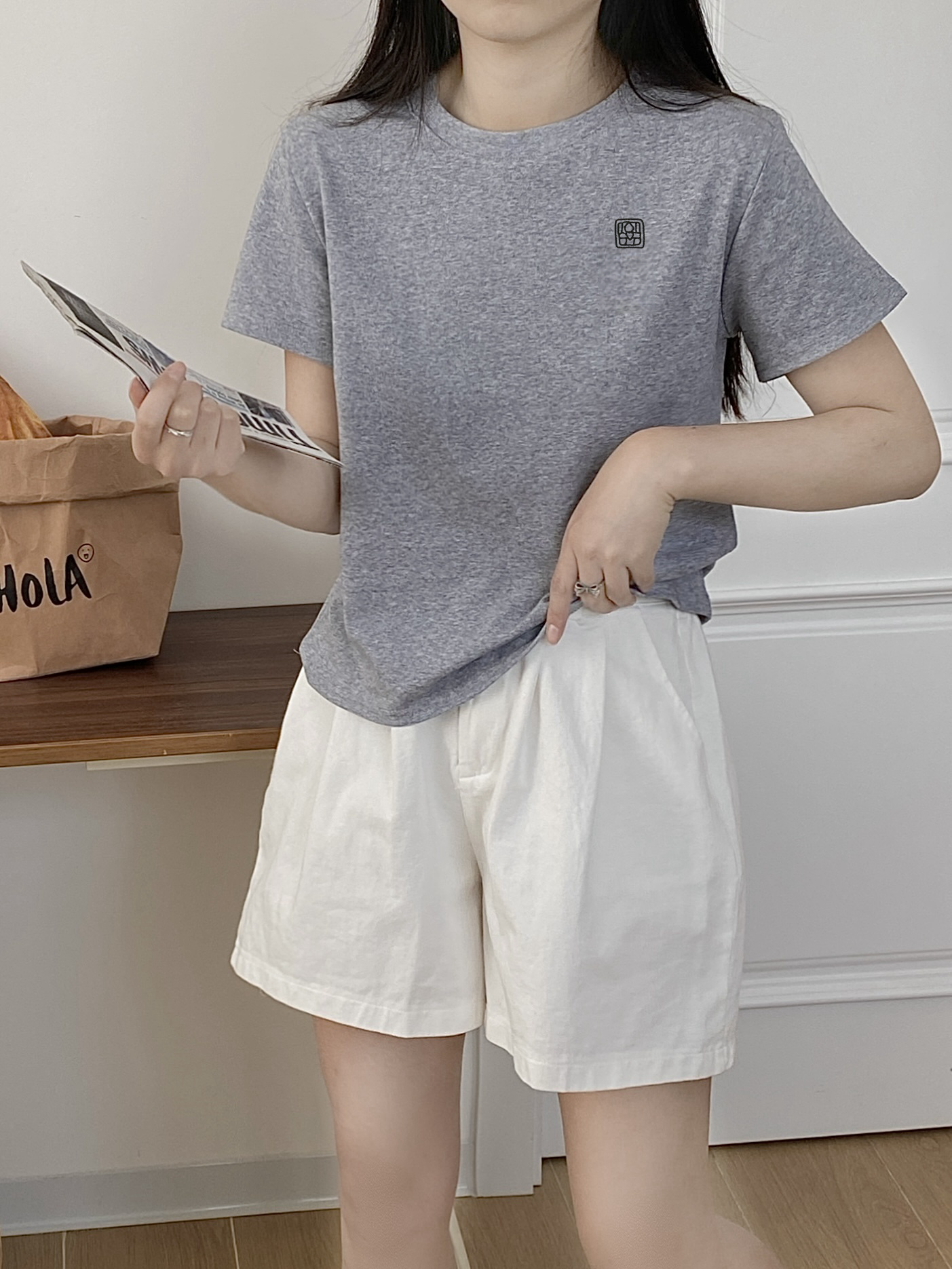 Real shot Korean version simple embroidery short-sleeved T-shirt for women 2025 summer base versatile stretch short top