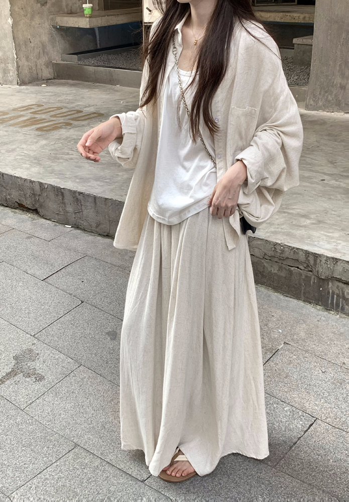 Real shot, lazy and relaxing solid color linen casual suit vest top high waist skirt three-piece set