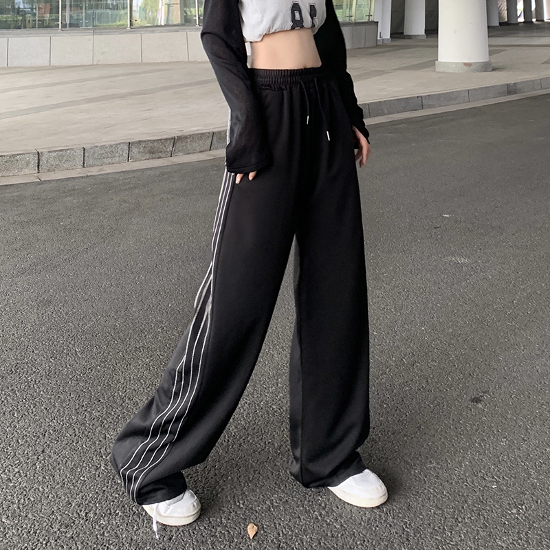 Real shot of spring striped straight-leg pants for women new loose wide-leg draped casual sports pants