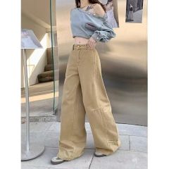 韓國chic美式復古牛仔褲女春夏設計感卡其色寬鬆闊腿直筒長褲子