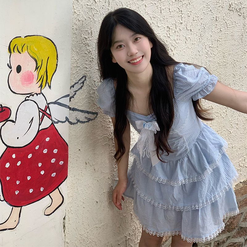 韓系學院風藍色泡泡袖連衣裙2025春夏小個子格紋拼接花邊蛋糕短裙