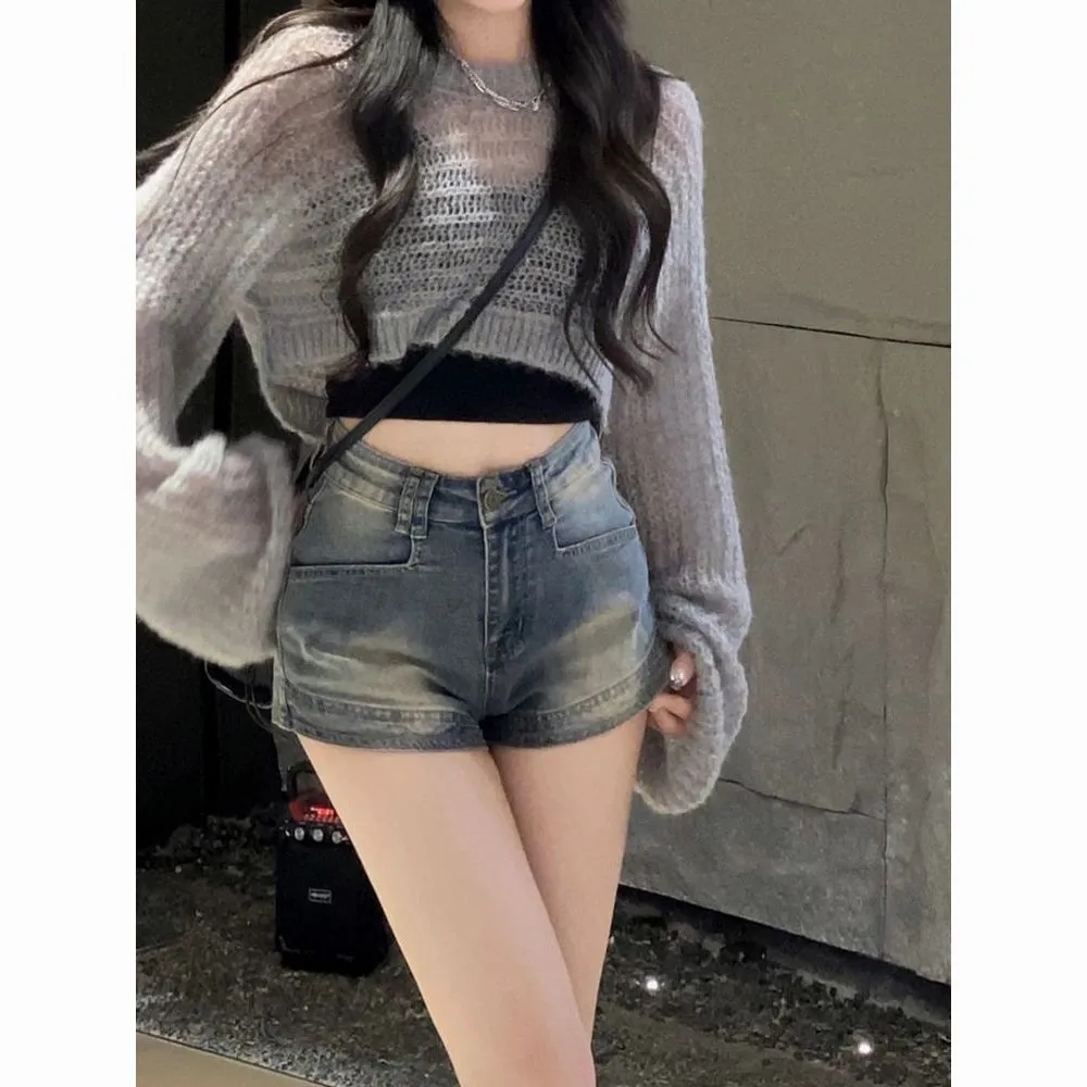 復古美式高腰彈力顯瘦辣妹做舊牛仔短褲女夏季新款闊腿超短熱褲子