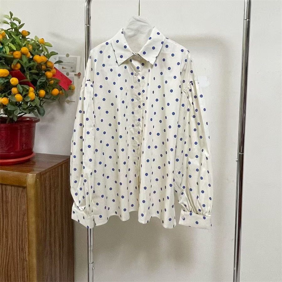 Real photo of the Korean Dongdaemun 2025 summer new sweet and gentle polka dot Polo collar loose lantern sleeve shirt