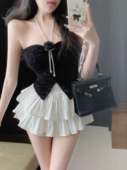 New flocked lace slit pure desire pearl chain camellia accessories strap top